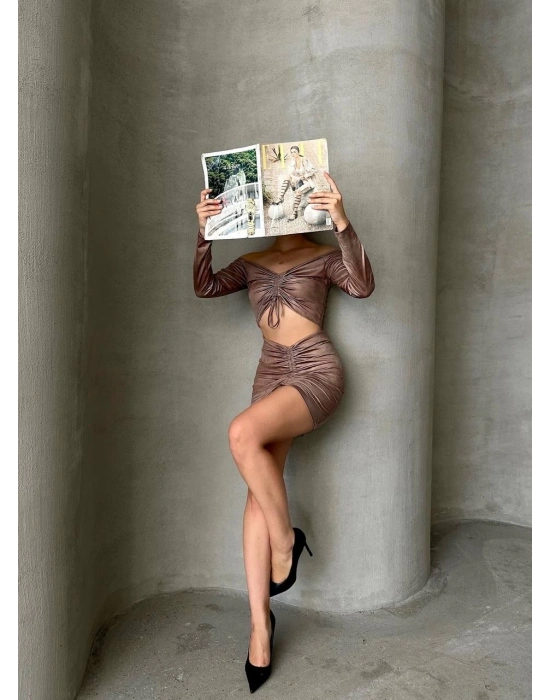 Büzgülü etek bluz takım kahve s24709