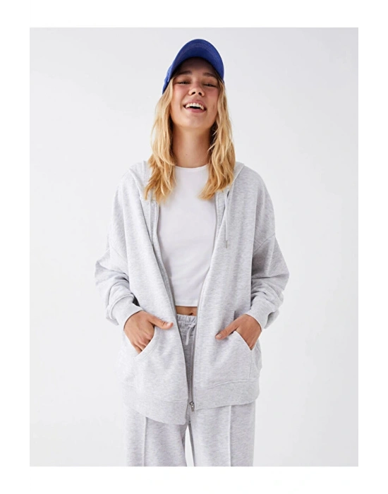 Casual Kapüşonlu Düz Uzun Kollu Oversize Kadın Fermuarlı Sweatshirt