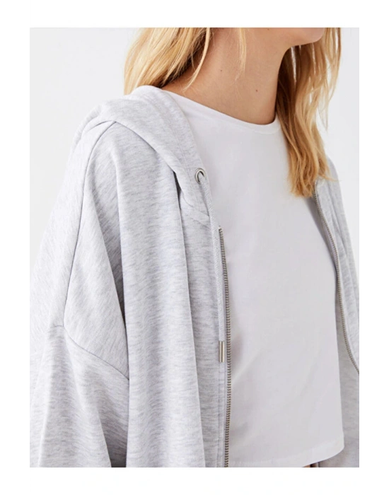 Casual Kapüşonlu Düz Uzun Kollu Oversize Kadın Fermuarlı Sweatshirt