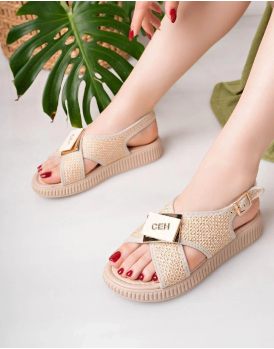 Cate Bej Hasır Cilt Sandalet