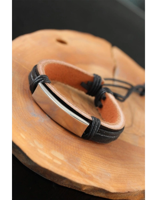 Çelik Aksesuarlı Siyah Renk Deri Erkek Bileklik