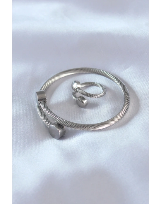 Çelik Gümüş Renk Sıkı Burgu Model Erkek Bileklik Yüzük Seti