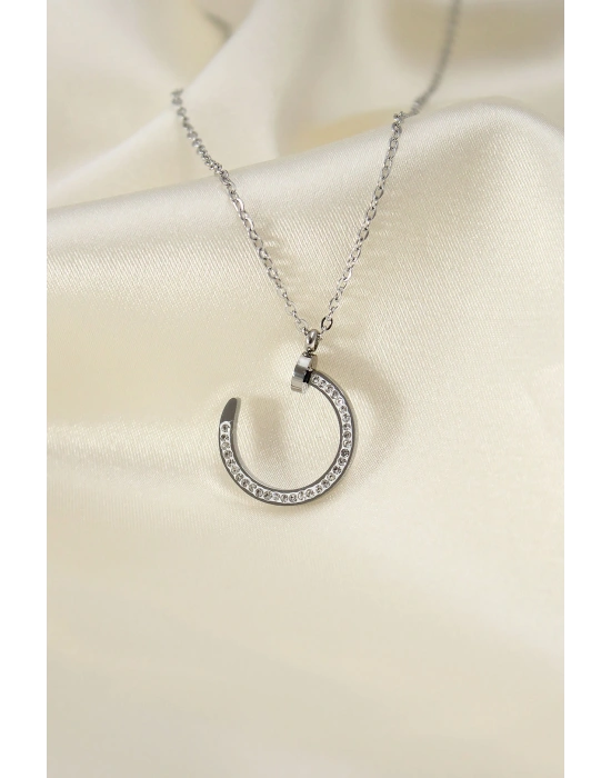 Çelik Silver Renk Zirkon Taşlı Çivi Model Kadın Kolye