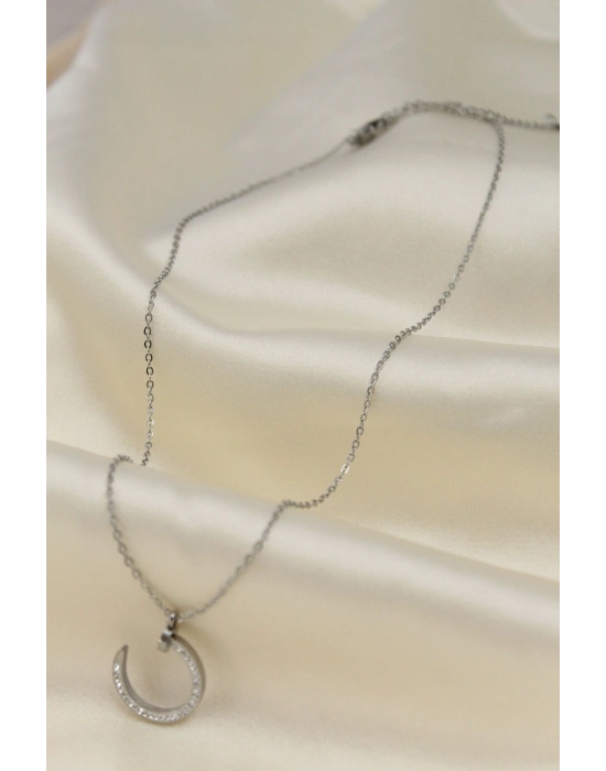 Çelik Silver Renk Zirkon Taşlı Çivi Model Kadın Kolye