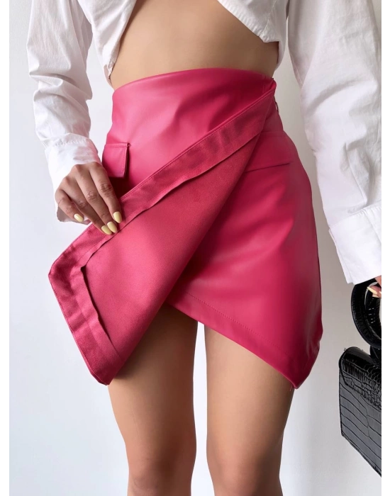Cep detaylı oval kapaklı deri etek fuşya h240048