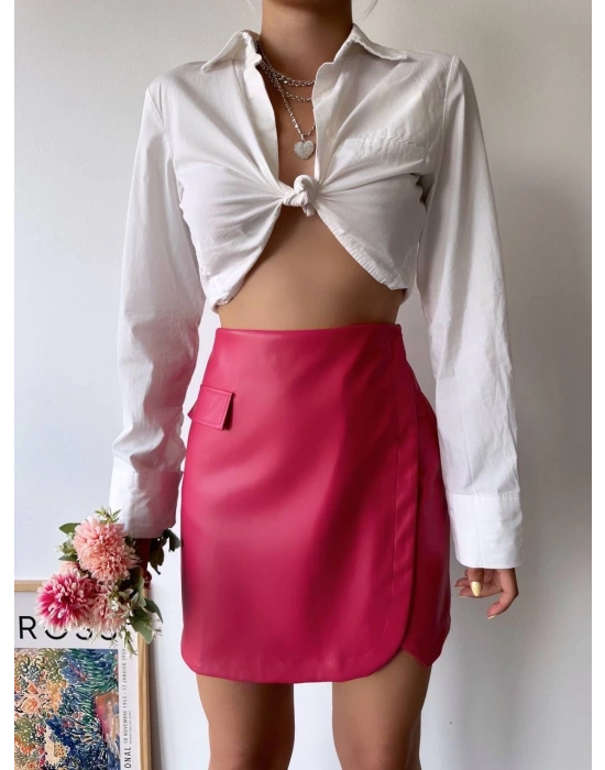 Cep detaylı oval kapaklı deri etek fuşya h240048