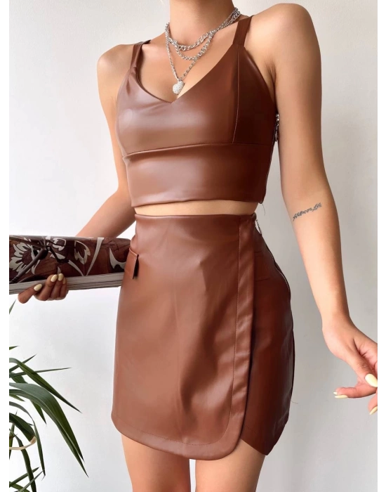 Cep detaylı oval kapaklı deri etek kahve h240048