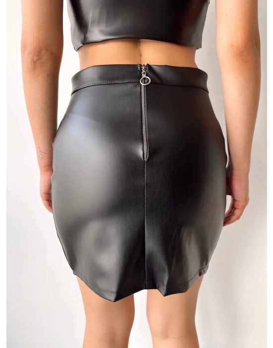 Cep detaylı oval kapaklı deri etek siyah h240048