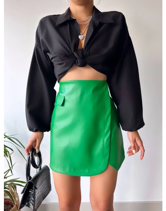 Cep detaylı oval kapaklı deri etek yeşil h240048