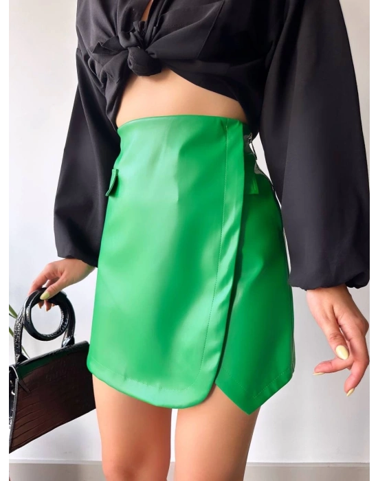 Cep detaylı oval kapaklı deri etek yeşil h240048