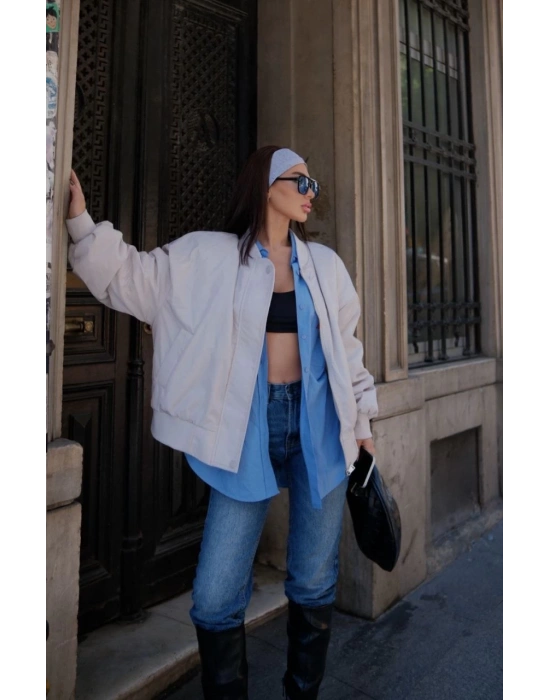 Cepli Bomber Ceket Mont - Beyaz