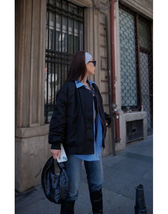 Cepli Bomber Ceket Mont - Siyah