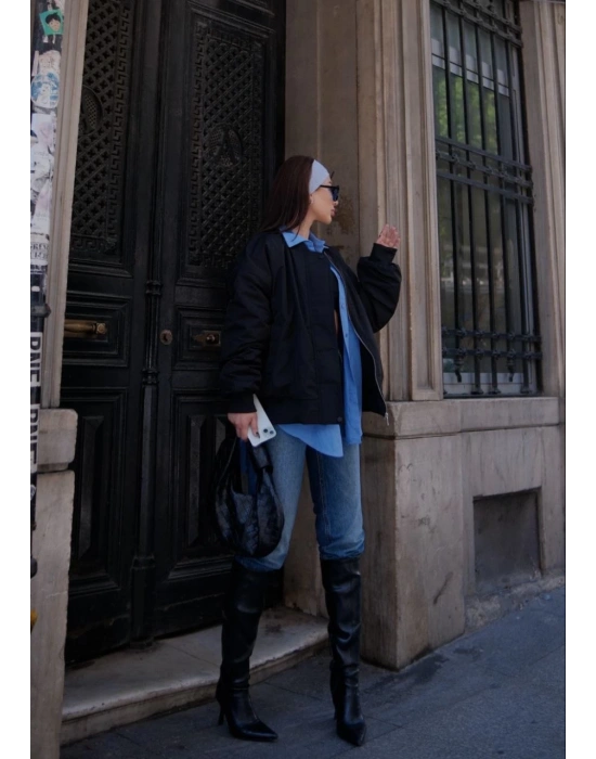 Cepli Bomber Ceket Mont - Siyah