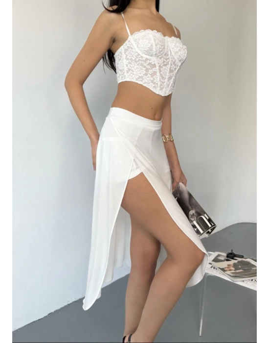 Çepli Şortlu Yırtmaçlı Etek - Beyaz