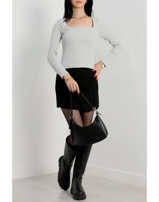 Çerçeve yaka kaşkorse bluz gri