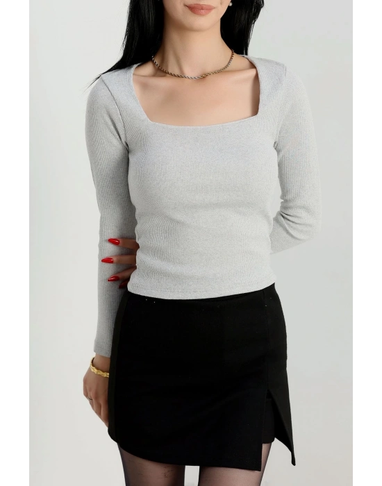 Çerçeve yaka kaşkorse bluz gri