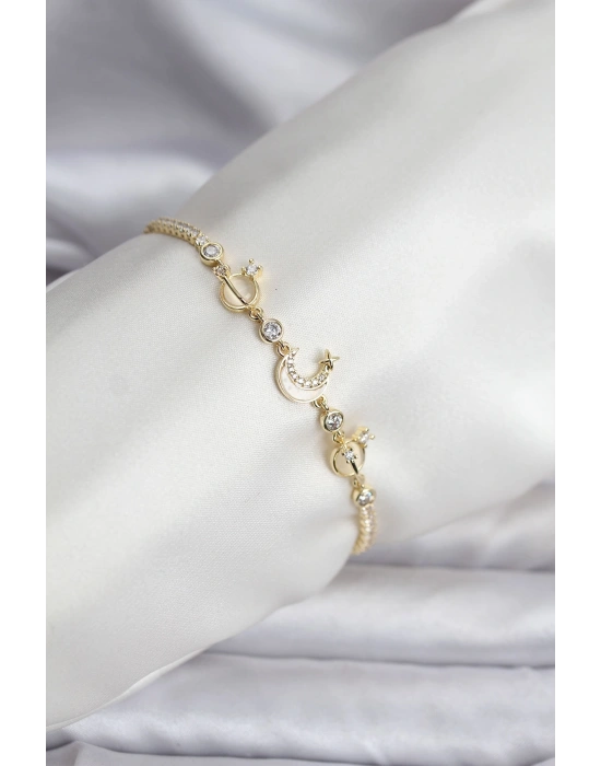 Charmlı Model Zirkon Taşlı Gold Renk Su Yolu Kadın Bileklik