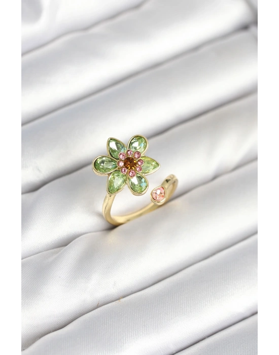 Çiçek Model Yeşil Pirinç Gold Renk Yüzük