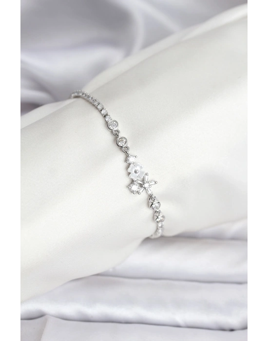 Çiçekli Model Zirkon Taşlı Gümüş Renk Su Yolu Kadın Bileklik