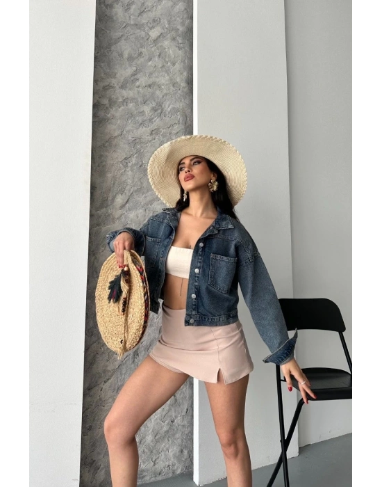 Çift cepli kol katlamalı kar yıkama crop kot ceket kahve tint d2000