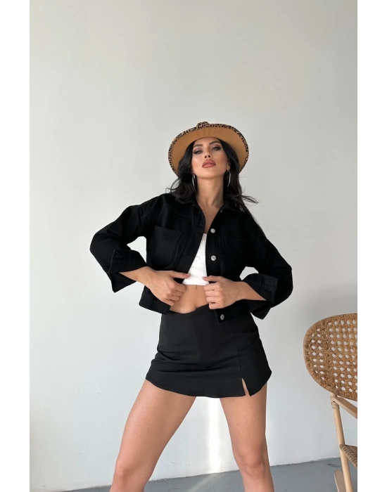 Çift cepli kol katlamalı süper taş enzim yıkamalı crop kot ceket siyah d2000