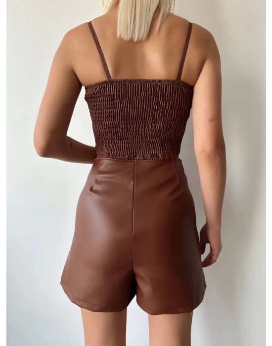 Çift fermuarlı deri şort kahve h24394