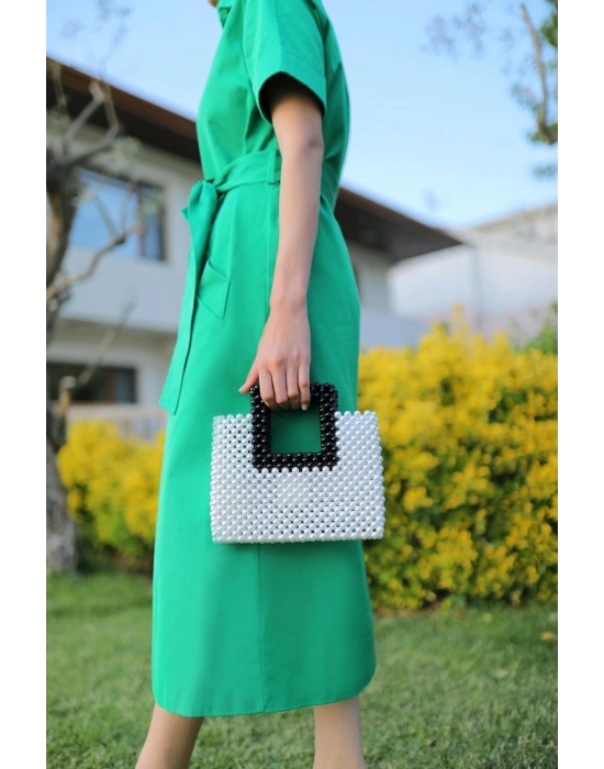 Çift renkli inci el yapımı çanta beyaz