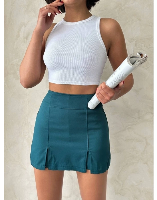 Çift yırtmaçlı atlas şort etek petrol yeşili s240364