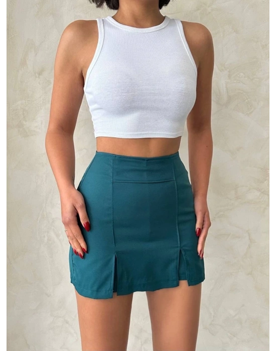Çift yırtmaçlı atlas şort etek petrol yeşili s240364