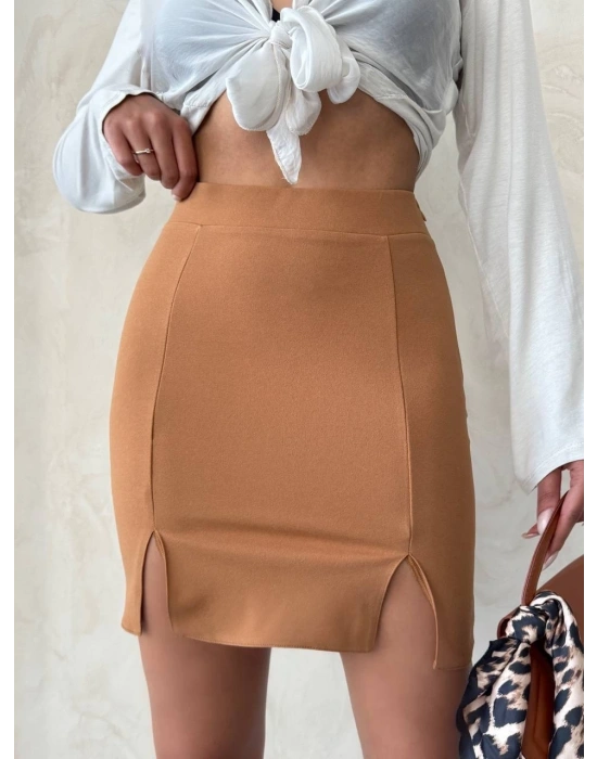 Çift yırtmaçlı etek camel s25910