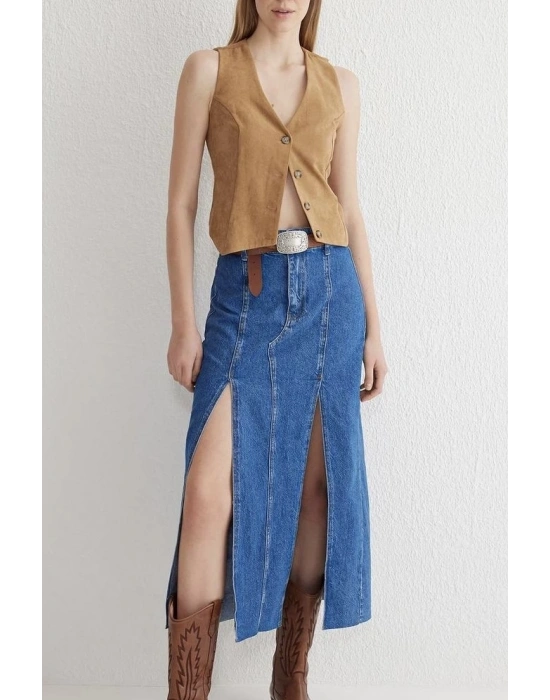 Çift yırtmaçlı jean etek s140