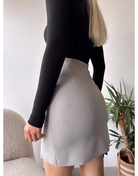 Çift yurtmaçlı süet etek gri s241002