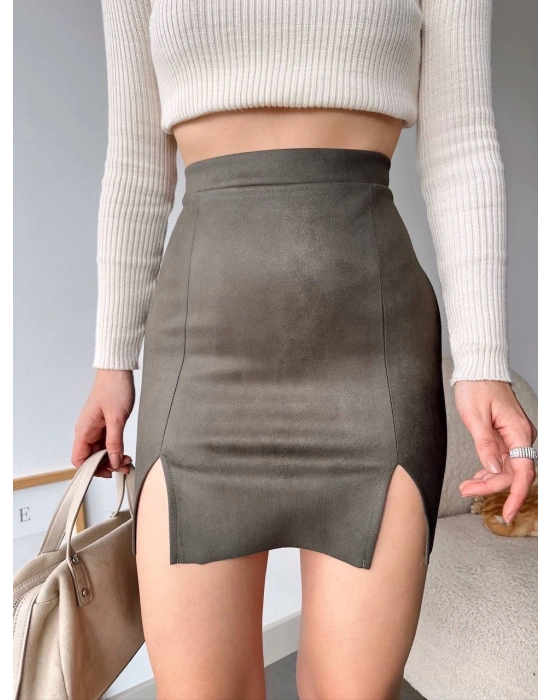 Çift yurtmaçlı süet etek haki s241002