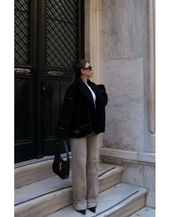 Cıt Cıt Detaylı Peluş Mont Ceket - Siyah