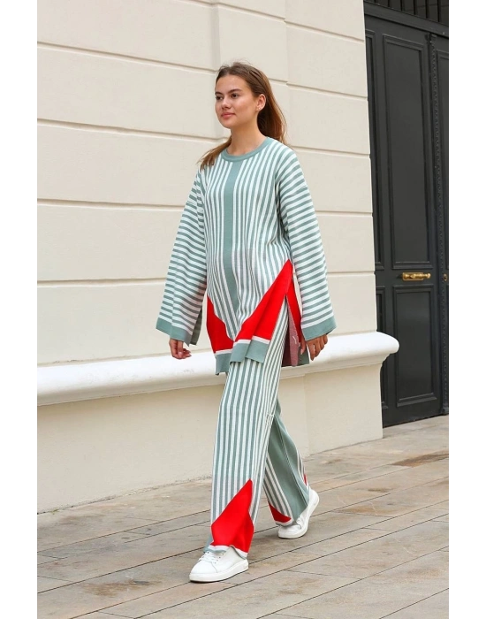 Çizgili bisiklet yaka triko takım Mint