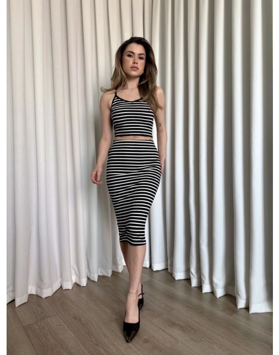 Çizgili etek crop takım