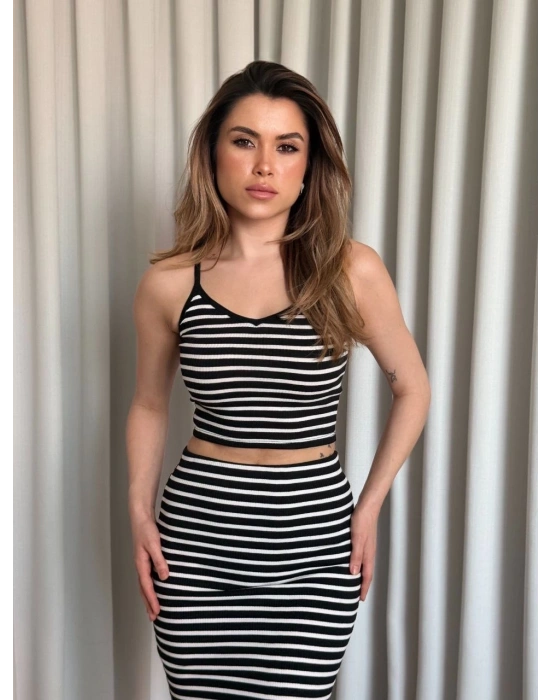 Çizgili etek crop takım