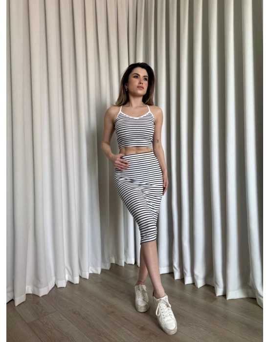 Çizgili etek crop takım