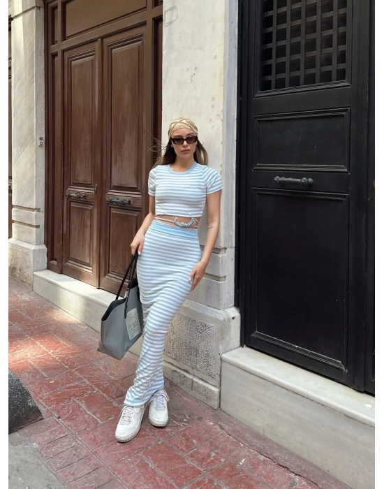 Çizgili etekli takım mavi s3609