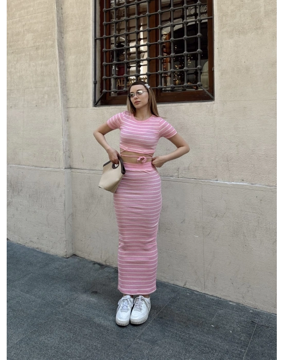 Çizgili etekli takım pembe s3609