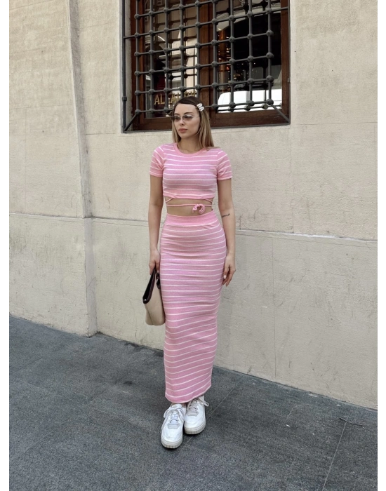 Çizgili etekli takım pembe s3609