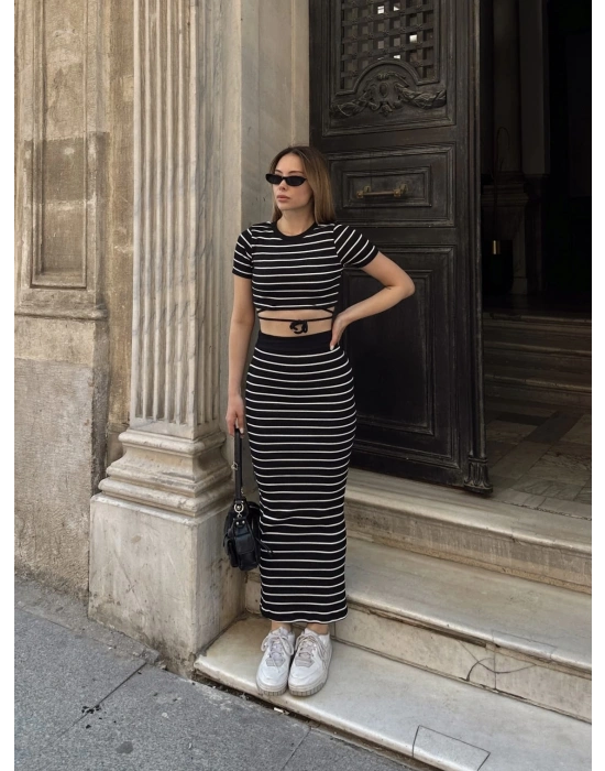 Çizgili etekli takım siyah s3609