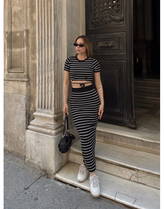 Çizgili etekli takım siyah s3609