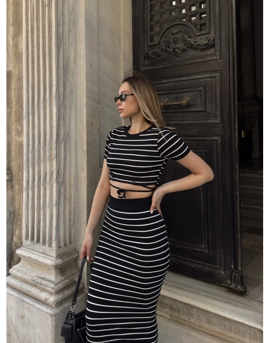 Çizgili etekli takım siyah s3609