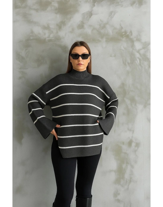 Çizgili ispanyol kol triko boğazlı kazak antrasit elf