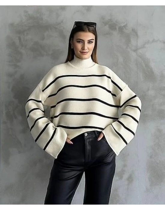 Çizgili ispanyol kol triko boğazlı kazak beyaz elf