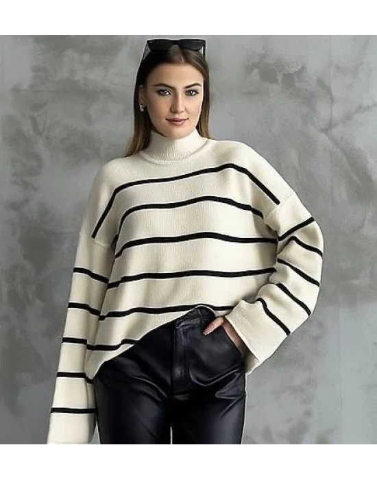 Çizgili ispanyol kol triko boğazlı kazak beyaz elf