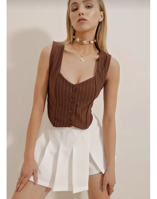 Çizgili krep düğmeli yelek kahve s3395