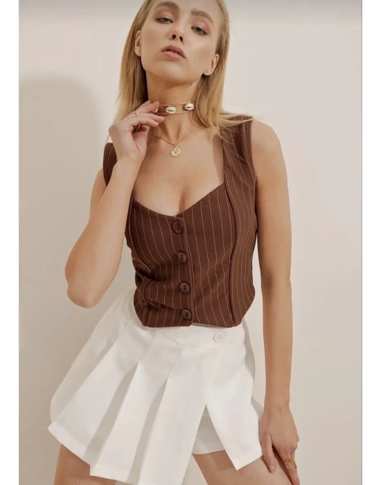 Çizgili krep düğmeli yelek kahve s3395
