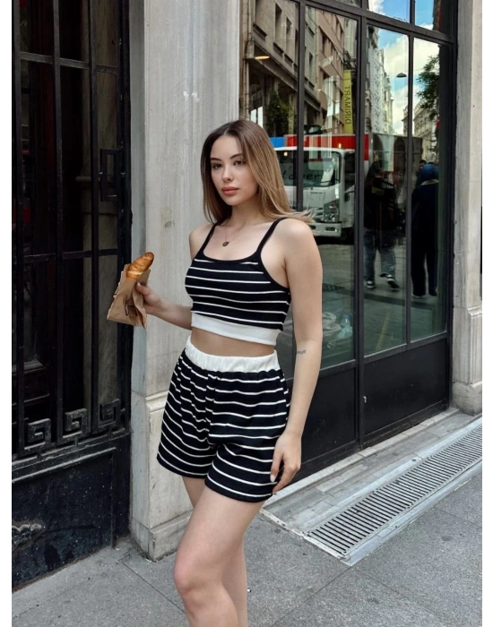 Çizgili şortlu takım siyah s3978